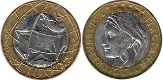 монета Италия 1000 лир 1998