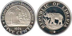 монета Либерия 5 центов 1976