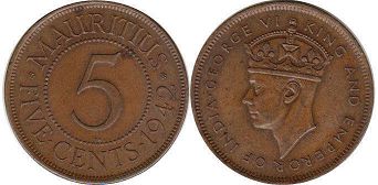 монета Маврикий 5 центов 1942