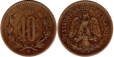 монета Мексика 10 сентаво 1920