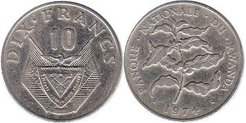 монета Руанда 10 франков 1974