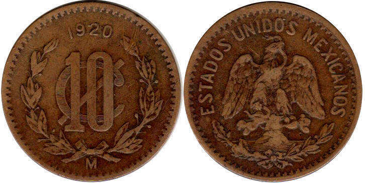 Мексика монета 10 сентаво 1920