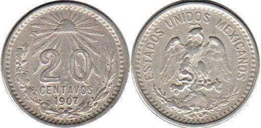 Мексика монета 20 сентаво 1907
