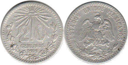 Мексика монета 20 сентаво 1919