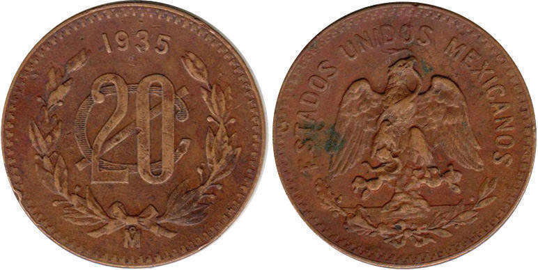 Мексика монета 20 сентаво 1935