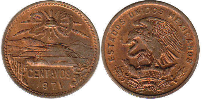 Мексика монета 20 сентаво 1971