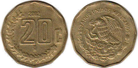 Мексика монета 20 сентаво 2002