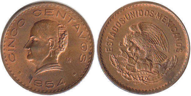 Мексика монета 5 сентаво 1954