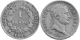 монета Франция 1 франк 1808