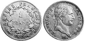 монета Франция 1 франк 1809