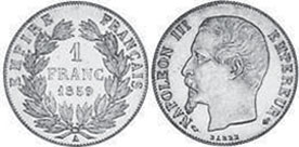 монета Франция 1 франк 1859