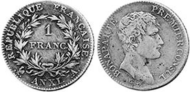 монета Франция 1 франк 1802