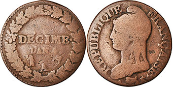 монета Франция 1 децим 1795