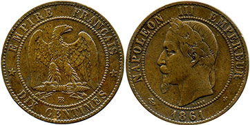 монета Франция 10 сантимов 1861