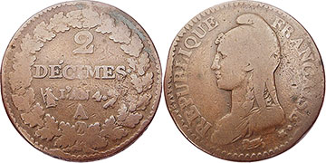 монета Франция 2 децима 1795
