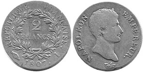 монета Франция 2 франка 1807