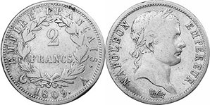 монета Франция 2 франка 1809