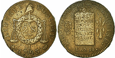 монета Франция 2 соля 1793