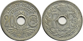 монета Франция 20 сантимов 1945