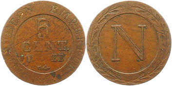 монета Франция 5 сантимов 1808
