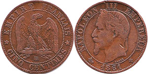 монета Франция 5 сантимов 1861