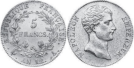 монета Франция 5 франков 1804