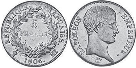 монета Франция 5 франков 1806