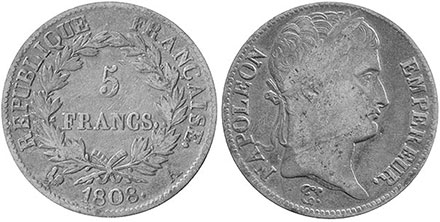 монета Франция 5 франков 1808