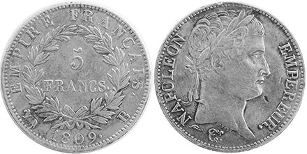 монета Франция 5 франков 1809