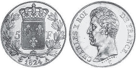 монета Франция 5 франков 1824