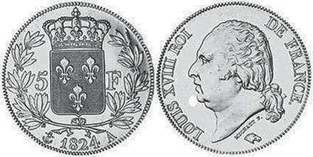 монета Франция 5 франков 1824