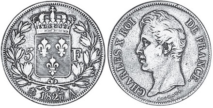 монета Франция 5 франков 1827