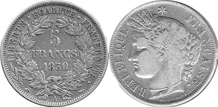 монета Франция 5 франков 1850