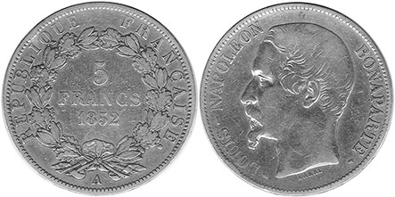монета Франция 5 франков 1852