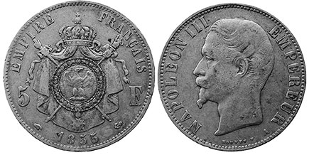 монета Франция 5 франков 1855