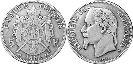 монета Франция 5 франков 1867