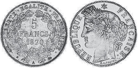 монета Франция 5 франков 1870