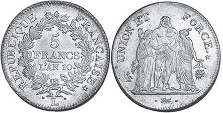 монета Франция 5 франков 1801