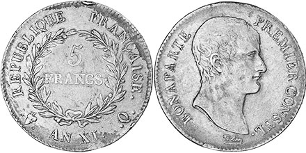 монета Франция 5 франков 1802