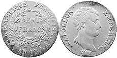 монета Франция 1/2 франка 1805