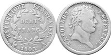 монета Франция 1/2 франка 1807