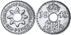 монета Новая Гвинея 6 пенсов 1943