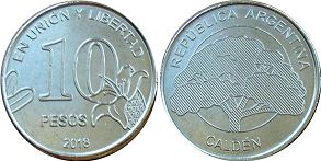 монета Аргентина 10 песо 2018