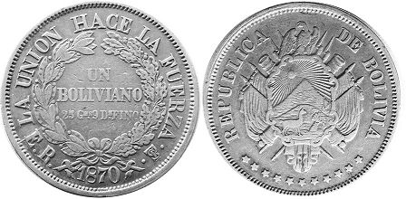 монета Боливия 1 боливиано 1870