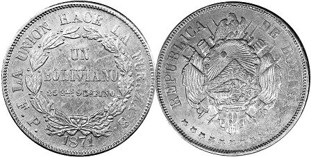 монета Боливия 1 боливиано 1871