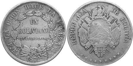 монета Боливия 1 боливиано 1872