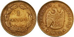 монета Боливия 1 сентаво 1878