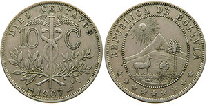 монета Боливия 10 сентаво 1907