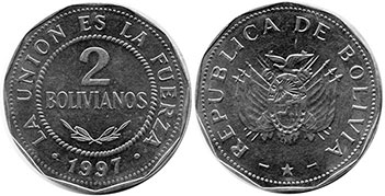монета Боливия 2 боливиано 1997