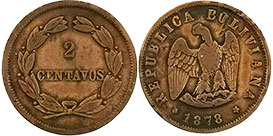 монета Боливия 2 сентаво 1878